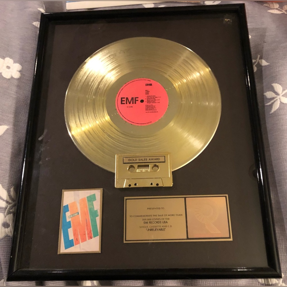 Gold Record Award 1991 EMF 1991 Unbelievable framed + Gold Cassette RARE Vintage